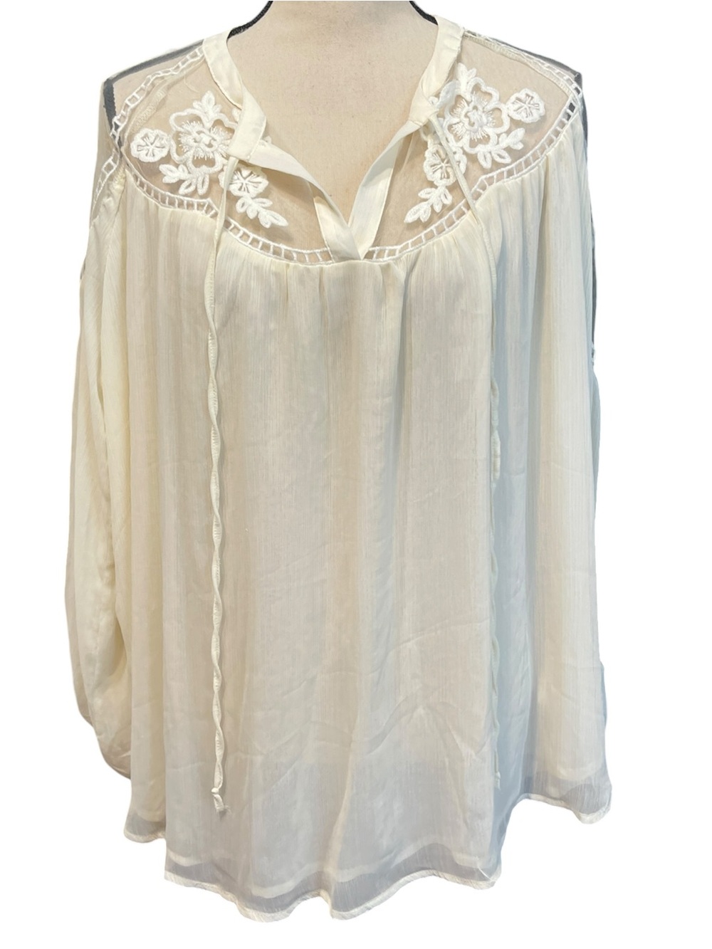 Hayden Los Angeles Sheer White Bohemian Lace Long Sleeve Peasant Blouse Top L - Picture 3 of 13